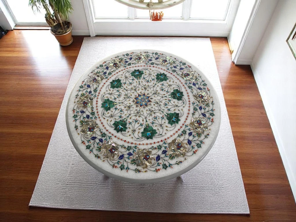 White Marble Round Table with Floral Gemstone Inlay